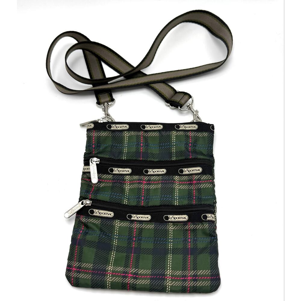 LeSportsac Green Plaid 3 Zip Crossbody Shoulder Bag Purse 7.5x9.5 Classic Casual